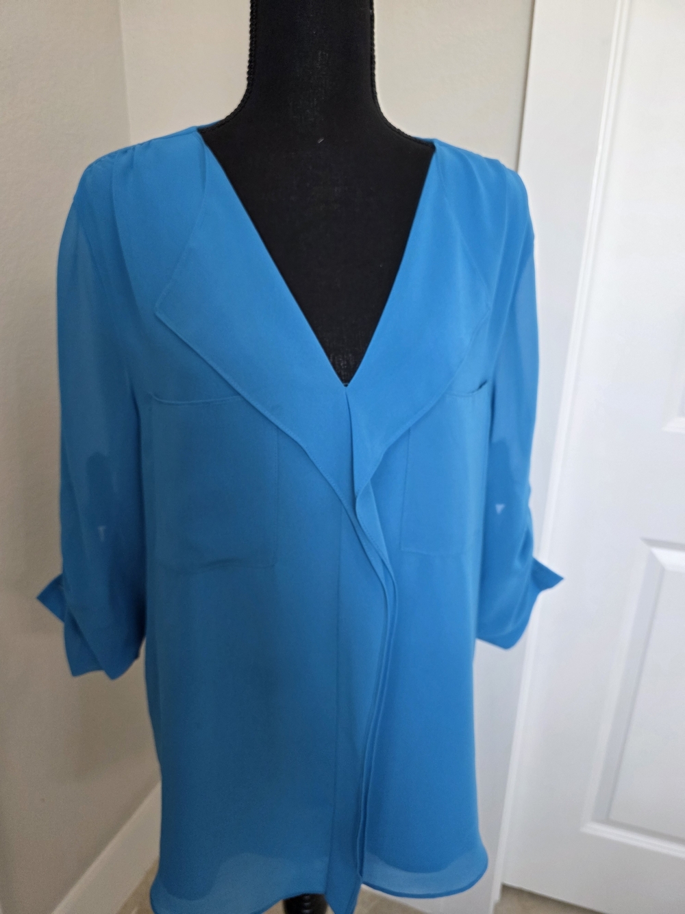 Calvin Klein Teal Blue V-Neck Long Sleeve Chiffon Dress